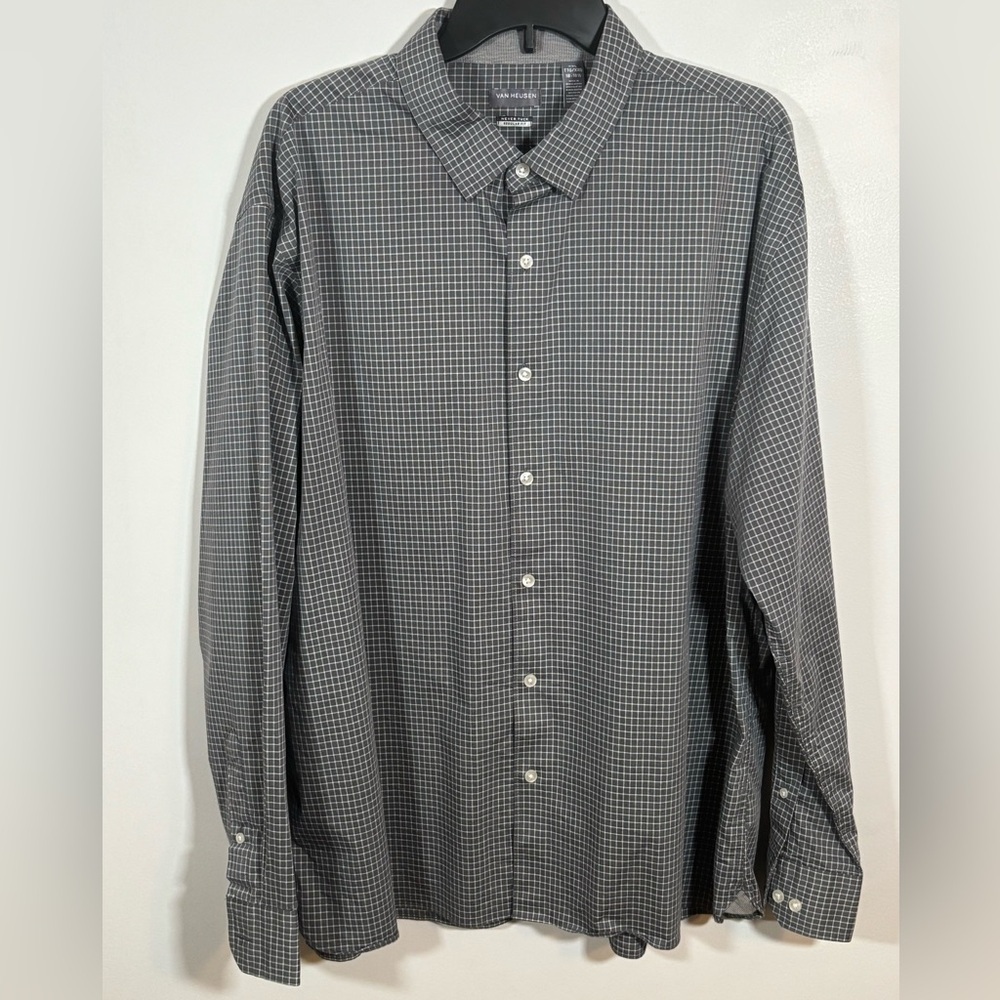 Van Heusen Men’s Button Down Shirt XXL Gray Check Never Tuck Long Sleeve